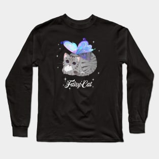 Grey Tabby Fairy Cat (with white text) Long Sleeve T-Shirt
